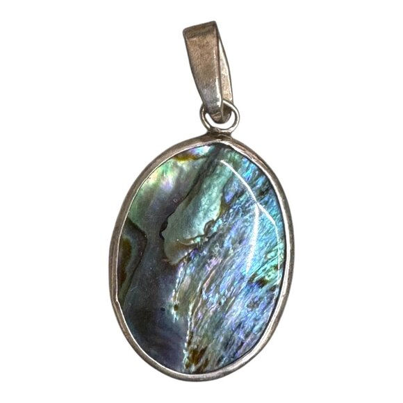 Sterling Silver Smiling Kitty Cat & Bird Pendant Abalone Shell Inlay Reversible - Picture 2 of 4